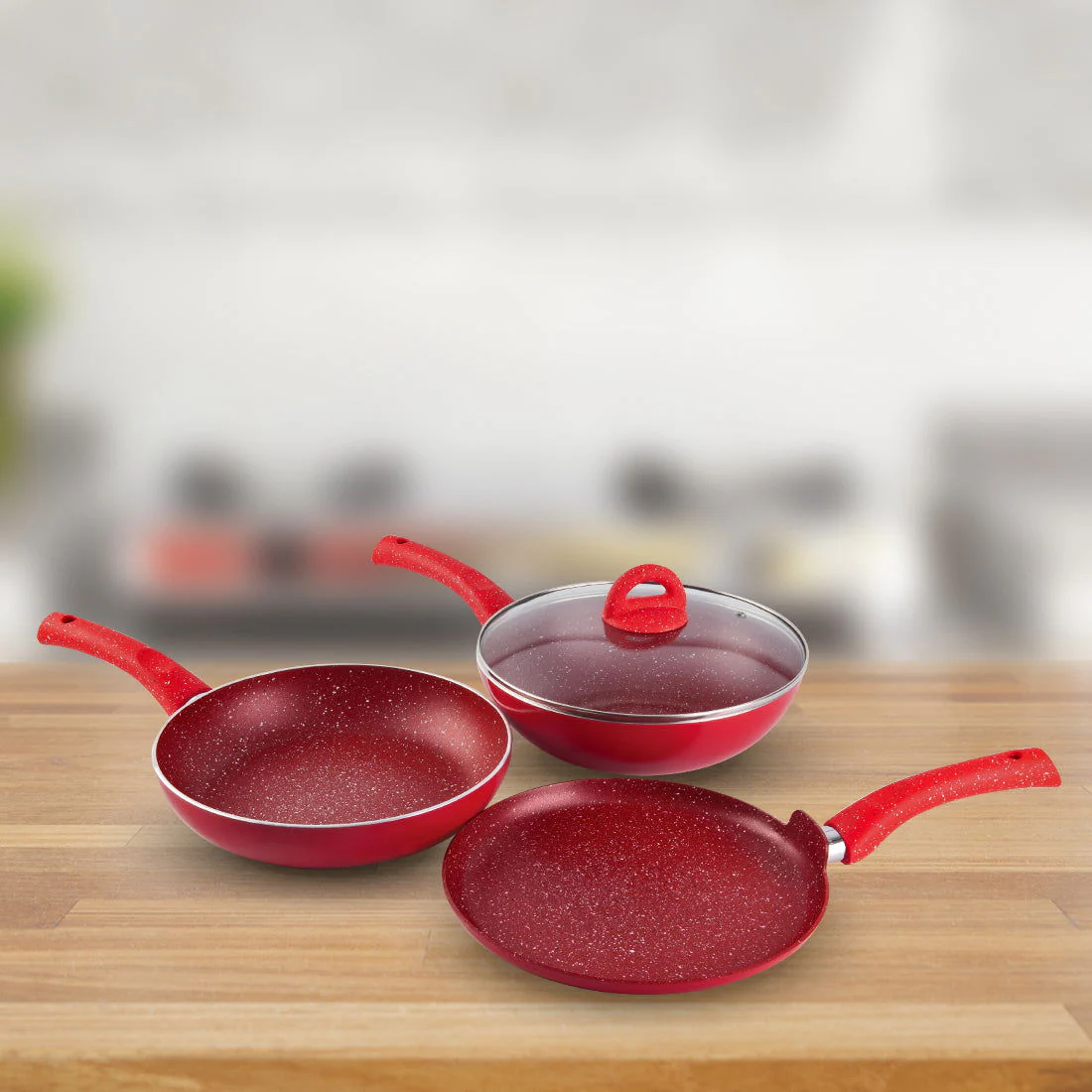 Granite Non-stick Cookware Set, 4Pc (Frying Pan With Lid, Wok, Dosa Tawa), Induction Bottom, Pure Grade Aluminium, PFOA, 3.5mm, 2 Years Warranty, Red - Image 8