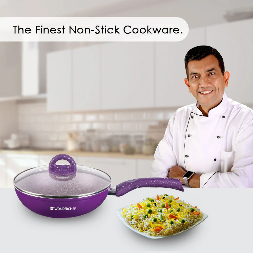 Granite Non-Stick Wok | Glass Lid | Induction Bottom | Soft-Touch Handles | Virgin Aluminium | PFOA and Heavy Metals Free | 3.5mm Thick| 24cm, 2.7 litres | 2 Year Warranty | Purple - Image 2