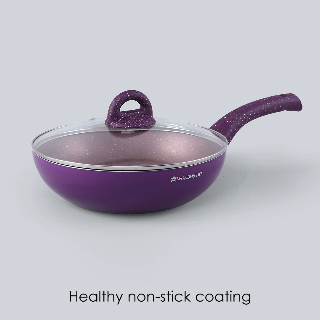 Granite Non-Stick Wok | Glass Lid | Induction Bottom | Soft-Touch Handles | Virgin Aluminium | PFOA and Heavy Metals Free | 3.5mm Thick| 24cm, 2.7 litres | 2 Year Warranty | Purple - Image 3