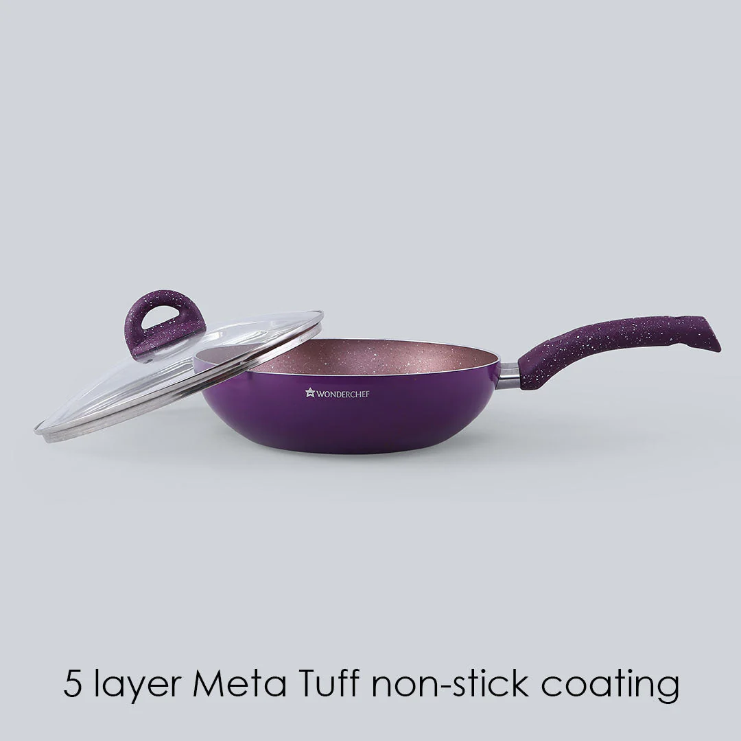 Granite Non-Stick Wok | Glass Lid | Induction Bottom | Soft-Touch Handles | Virgin Aluminium | PFOA and Heavy Metals Free | 3.5mm Thick| 24cm, 2.7 litres | 2 Year Warranty | Purple - Image 4