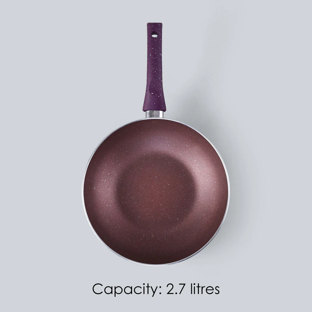 Granite Non-Stick Wok | Glass Lid | Induction Bottom | Soft-Touch Handles | Virgin Aluminium | PFOA and Heavy Metals Free | 3.5mm Thick| 24cm, 2.7 litres | 2 Year Warranty | Purple - Image 6