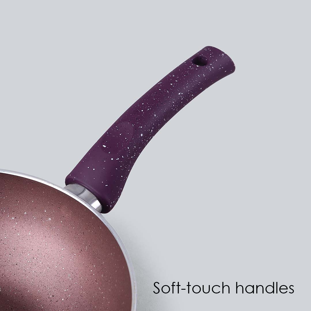 Granite Non-Stick Wok | Glass Lid | Induction Bottom | Soft-Touch Handles | Virgin Aluminium | PFOA and Heavy Metals Free | 3.5mm Thick| 24cm, 2.7 litres | 2 Year Warranty | Purple - Image 7