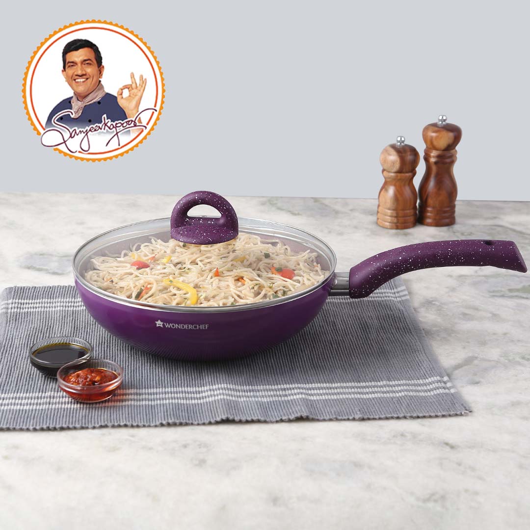 Granite Non-Stick Wok | Glass Lid | Induction Bottom | Soft-Touch Handles | Virgin Aluminium | PFOA and Heavy Metals Free | 3.5mm Thick| 24cm, 2.7 litres | 2 Year Warranty | Purple - Image 8