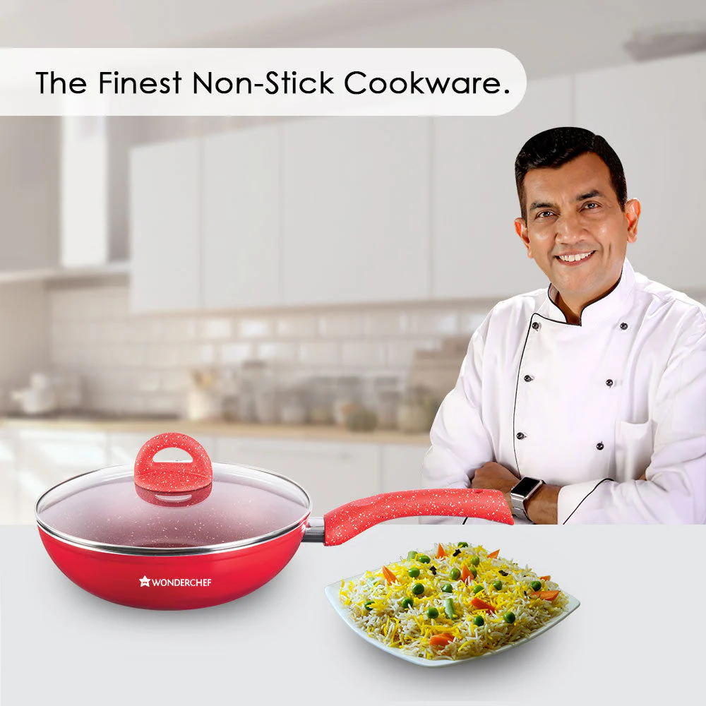 Granite Aluminium Non-stick Wok With Glass Lid, 24cm, 2.7L, 3.5mm, Red, Compatible On Hot Plate, Hobs, Gas Stove, Ceramic Plate And Induction, 2 Years Warranty - Image 2