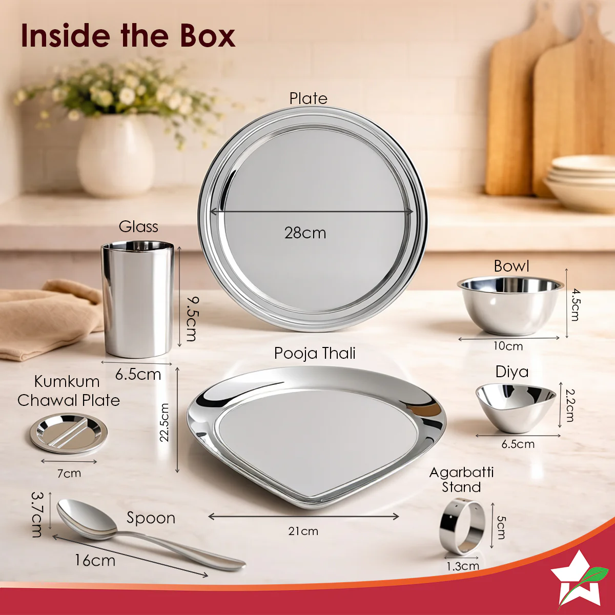 Harmony Premium Stainless-Steel Dinner & Pooja Gift Set | Plates, Bowls, Glasses, Spoons, Pooja Thali, Diya & Agarbatti Stand | Elegant Red Gift Box for Weddings, Festivals, Housewarmings - Image 3