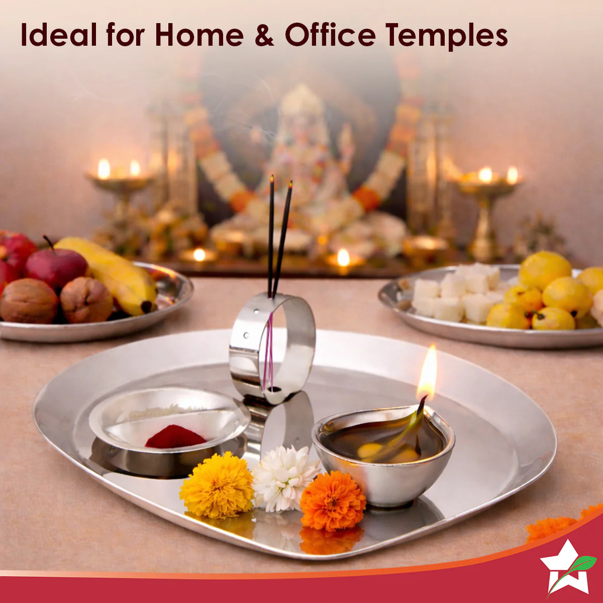 Harmony Premium Stainless-Steel Dinner & Pooja Gift Set | Plates, Bowls, Glasses, Spoons, Pooja Thali, Diya & Agarbatti Stand | Elegant Red Gift Box for Weddings, Festivals, Housewarmings - Image 4