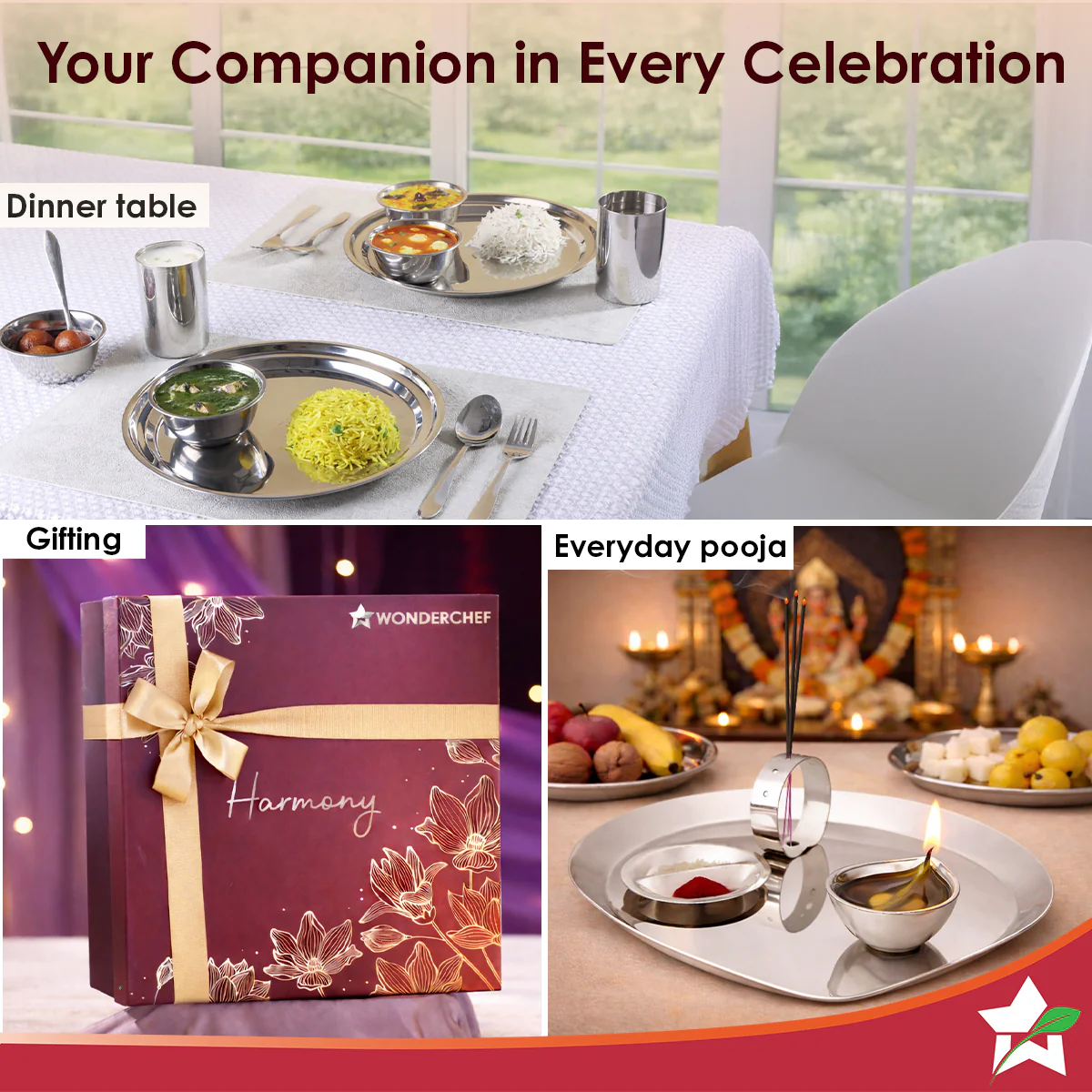 Harmony Premium Stainless-Steel Dinner & Pooja Gift Set | Plates, Bowls, Glasses, Spoons, Pooja Thali, Diya & Agarbatti Stand | Elegant Red Gift Box for Weddings, Festivals, Housewarmings - Image 6