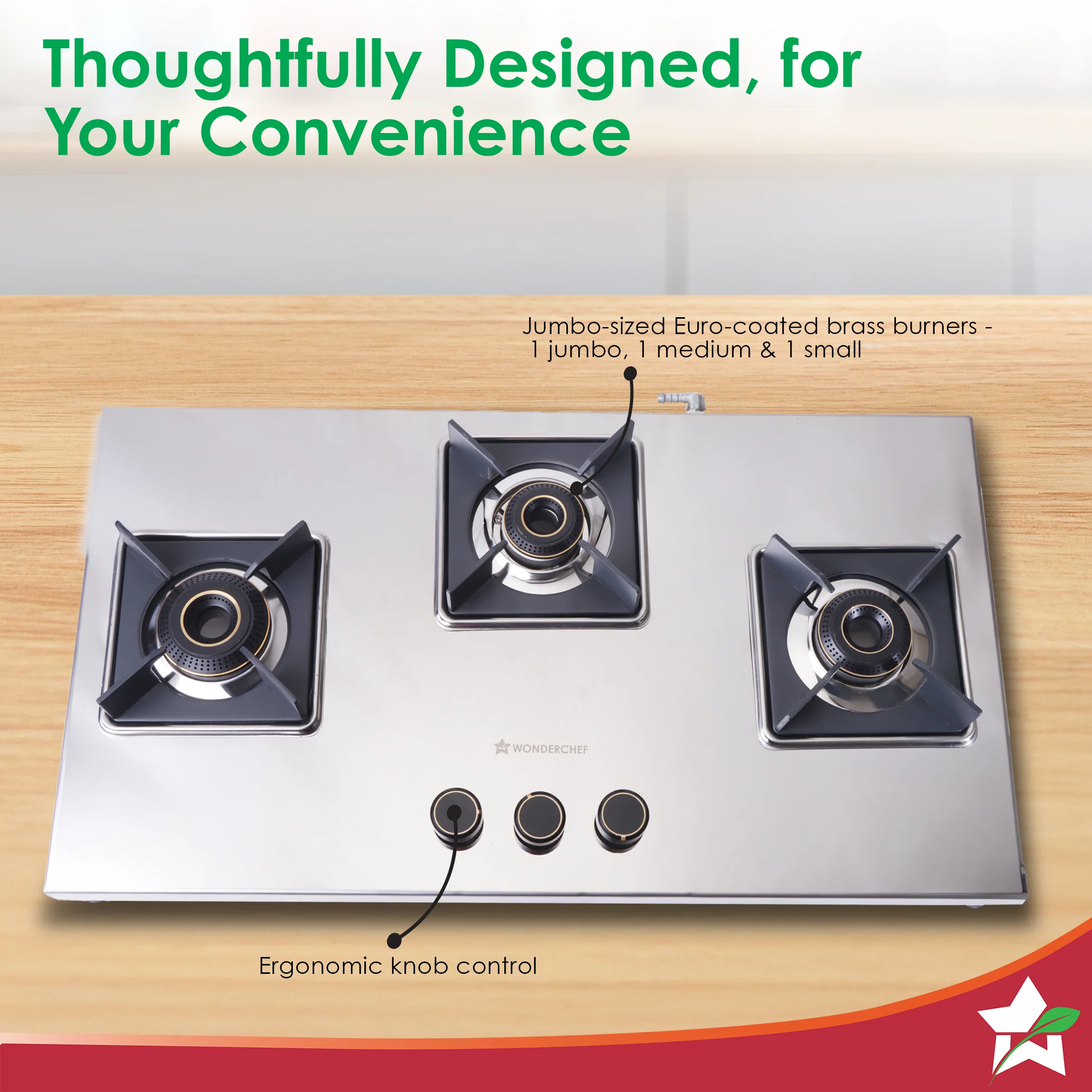Inox 3 Brass Burner Hobtop, Thick Stainless-steel Construction, LPG Gas Stove for Kitchen, SABAF Leak-proof Valves, Spill-proof Design, Premium Metal Knobs, 2-Yr Warranty - Image 8