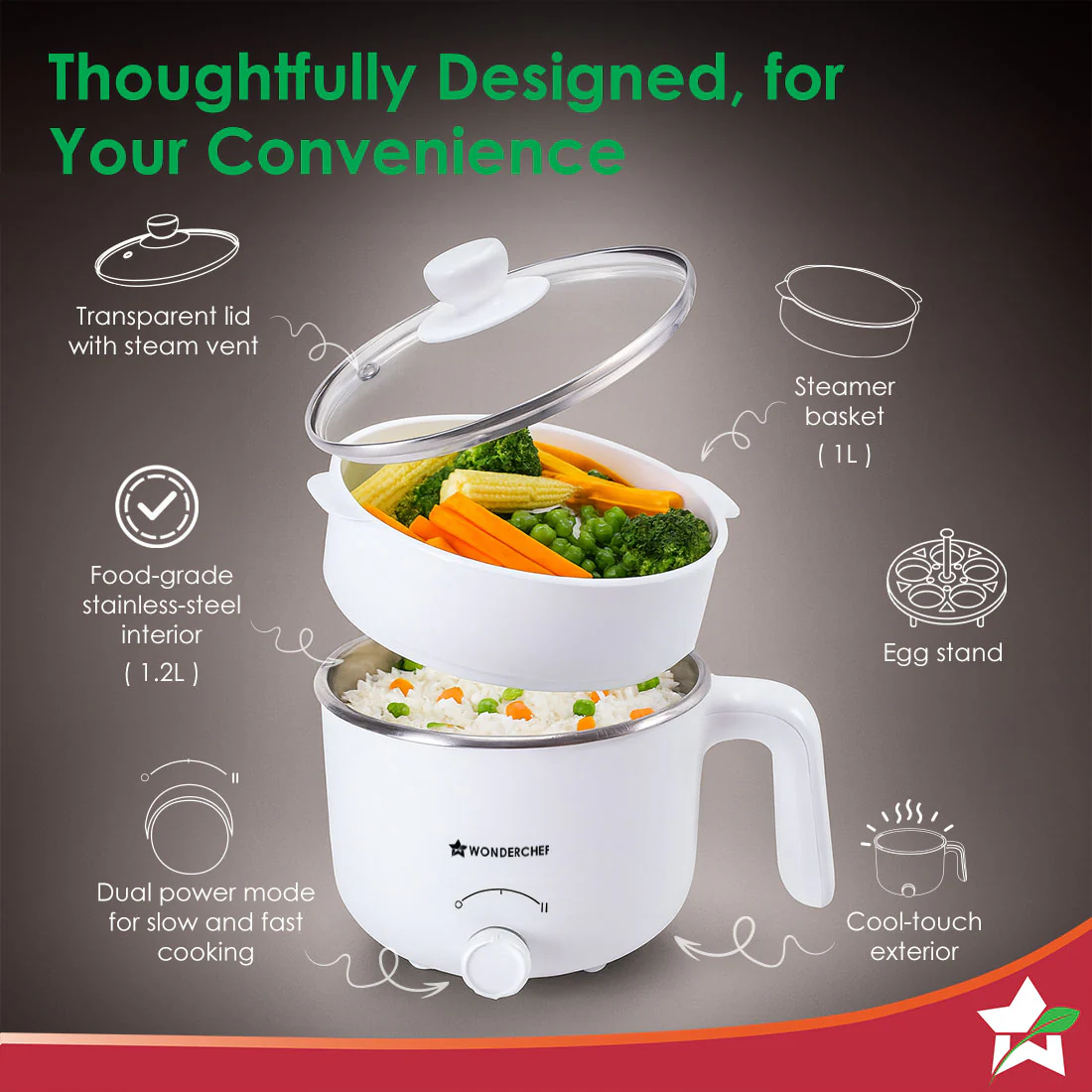 Luxe Multi Cook Kettle | Dual Power Modes | Quick Boiling | Automatic Shut-Off | Overheat Protection | Boil-Dry Protection | Egg Stand | Steamer Pot | Anti-Rust Stainless Steel | Cool Touch Exterior | 1.2 L | 600W | Ivory | 2 Years Warranty - Image 5