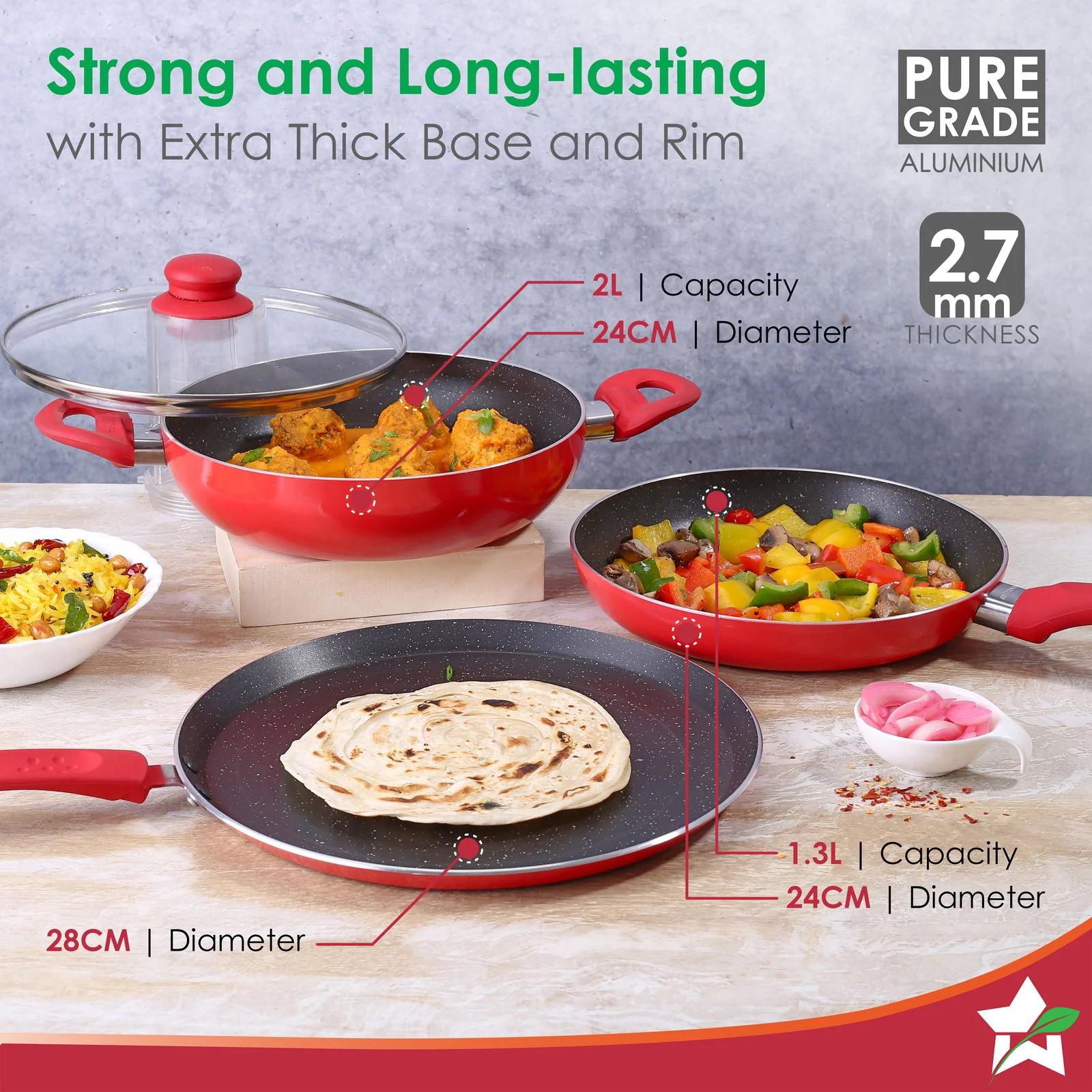 Milano Non-stick Cookware 4 Pc Set | Dosa Tawa, Fry Pan, Kadhai for cutlets, curries, dosas | PFOA Free | Virgin Aluminium | Energy Efficient | Dishwasher Safe | 2-year Warranty | Red&Black - Image 3