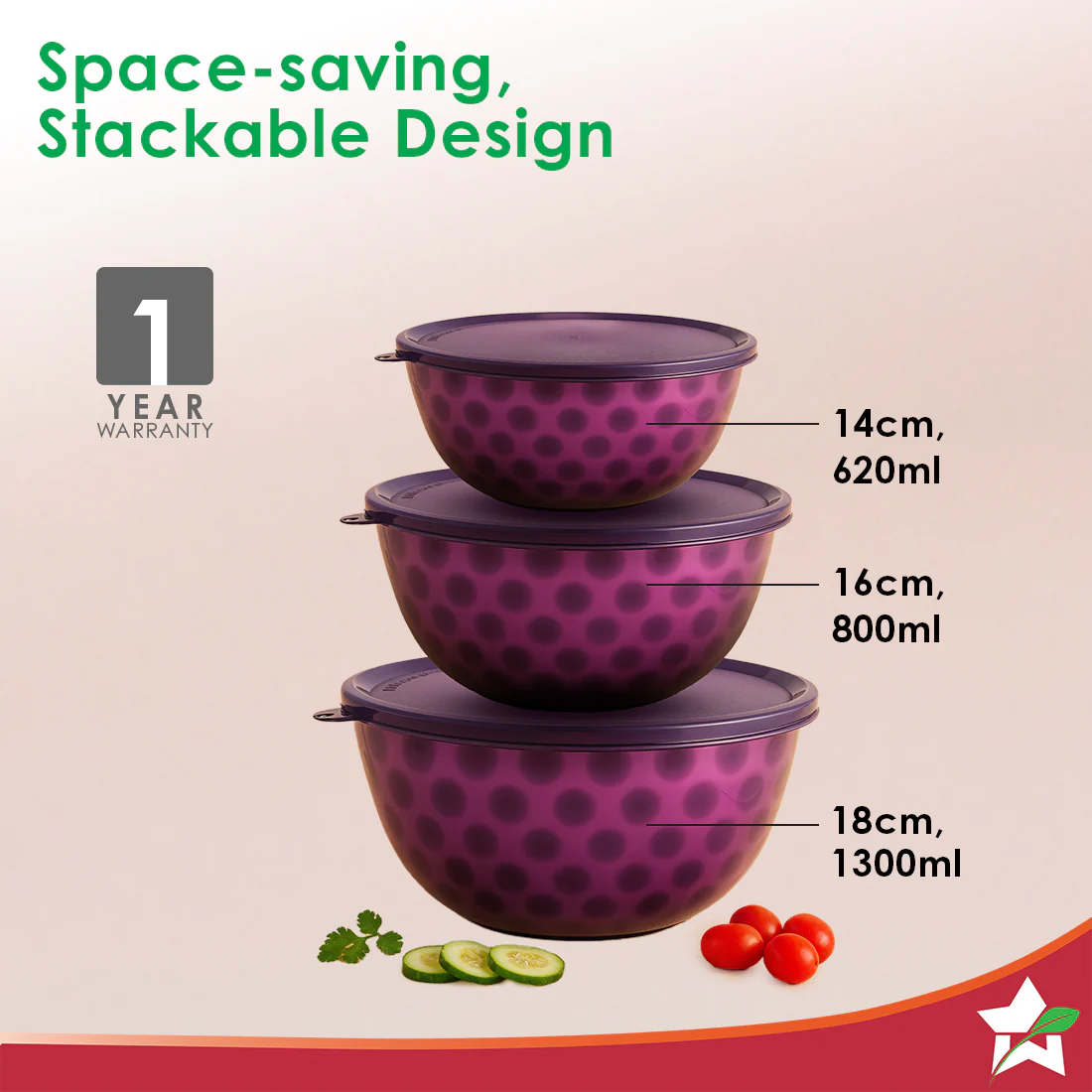 Modena Stainless-steel 3 Pc. Bowl Set with Airtight Lid, 14 cm (620ml), 16 cm (800ml), 18 cm (1.3 L), Stackable, Food-grade, Non-corrosive, Sturdy, Use to Mix, Marinate, Serve, 1-Yr Warranty - Image 3