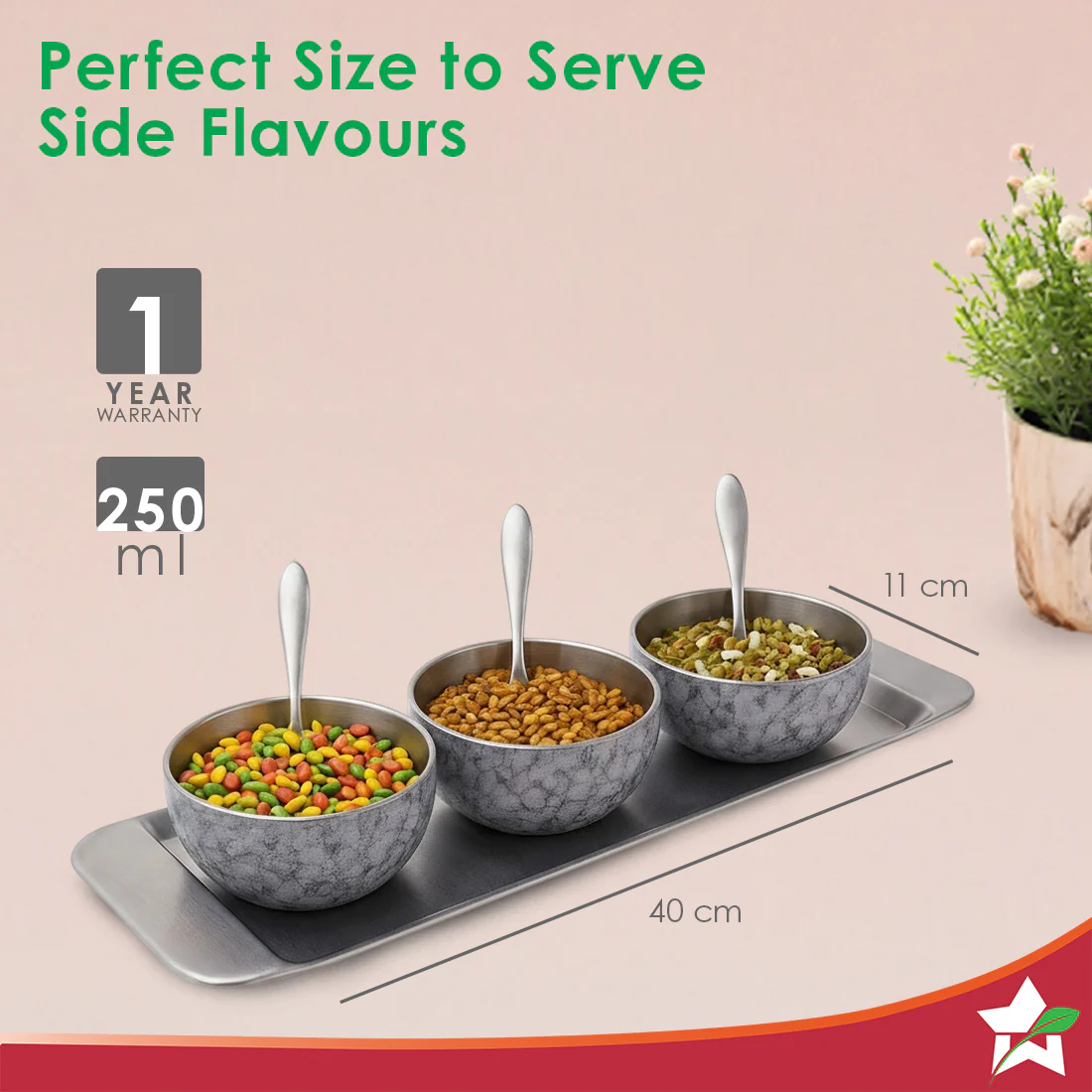 Modena Stainless-steel 7 Pc. Condiment Set, 3 Bowls, 3 Spoons, 1 Tray, Serve Dry Snacks, Chutneys, Dry Fruits, Pickles, Coloured Exterior Design, Perfect Festive Wedding Gift, 1-Yr Warranty - Image 3