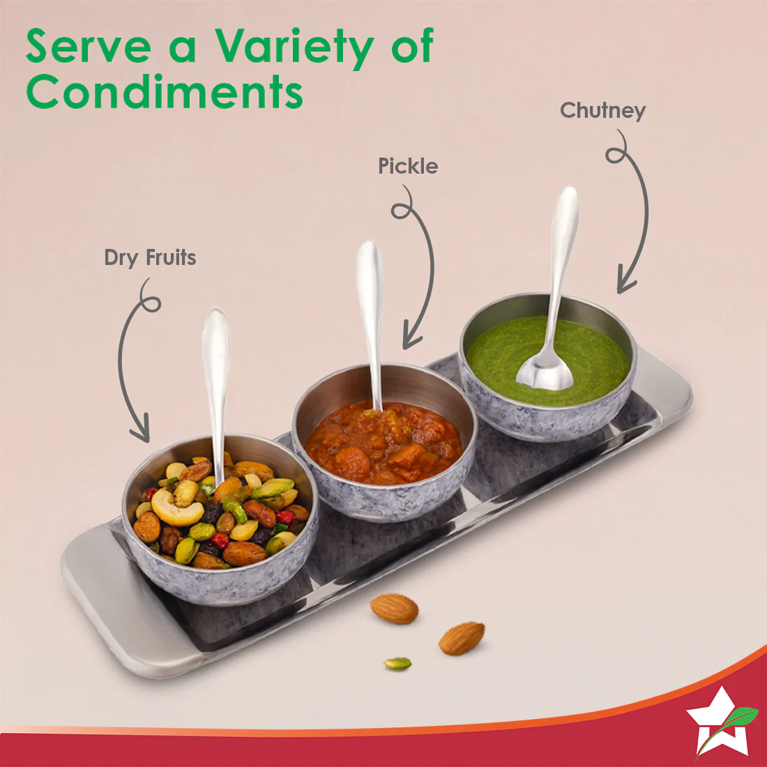 Modena Stainless-steel 7 Pc. Condiment Set, 3 Bowls, 3 Spoons, 1 Tray, Serve Dry Snacks, Chutneys, Dry Fruits, Pickles, Coloured Exterior Design, Perfect Festive Wedding Gift, 1-Yr Warranty - Image 4