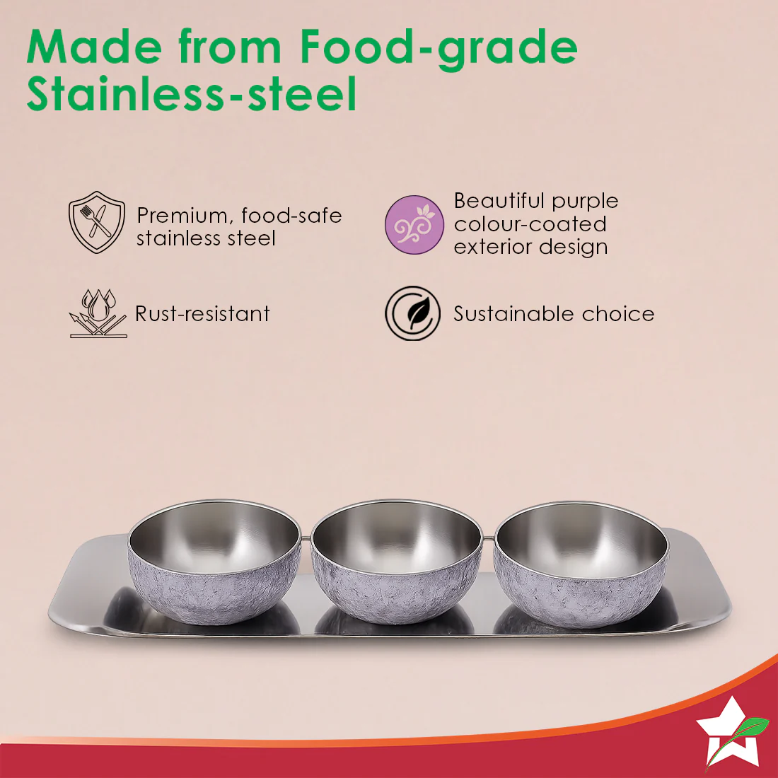 Modena Stainless-steel 7 Pc. Condiment Set, 3 Bowls, 3 Spoons, 1 Tray, Serve Dry Snacks, Chutneys, Dry Fruits, Pickles, Coloured Exterior Design, Perfect Festive Wedding Gift, 1-Yr Warranty - Image 5