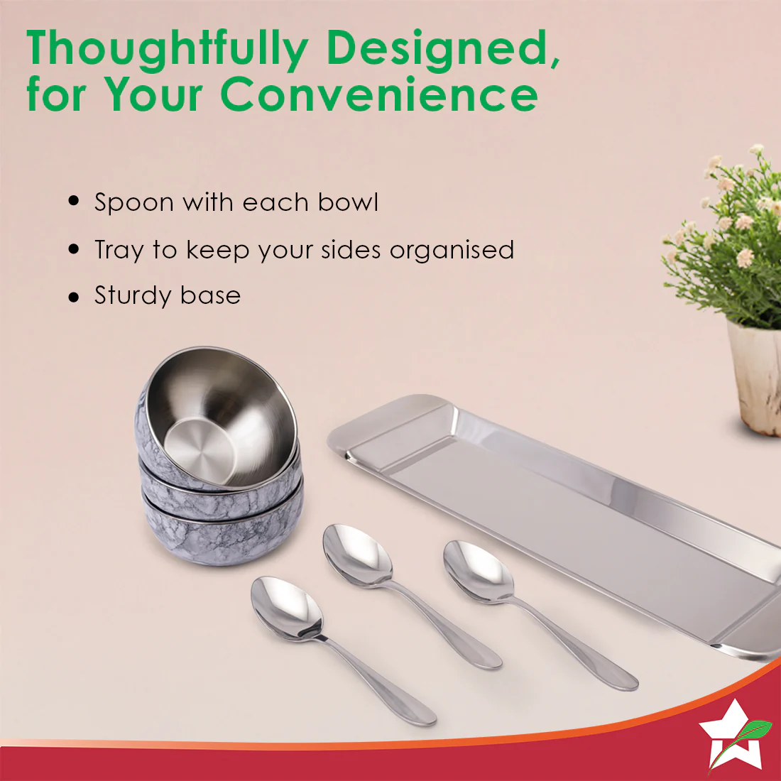 Modena Stainless-steel 7 Pc. Condiment Set, 3 Bowls, 3 Spoons, 1 Tray, Serve Dry Snacks, Chutneys, Dry Fruits, Pickles, Coloured Exterior Design, Perfect Festive Wedding Gift, 1-Yr Warranty - Image 6
