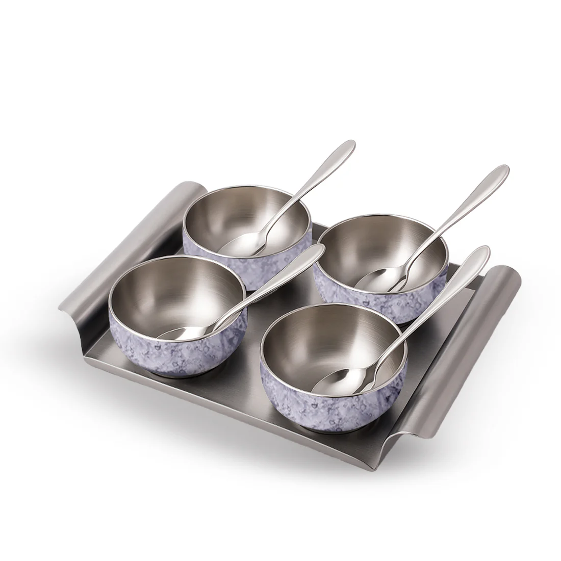Modena Stainless-steel 9 Pc. Condiment Set, 4 Bowls, 4 Spoons, 1 Tray, Serve Dry Snacks, Chutneys, Dry Fruits, Pickles, Coloured Exterior Design, Perfect Festive Wedding Gift, 1-Yr Warranty