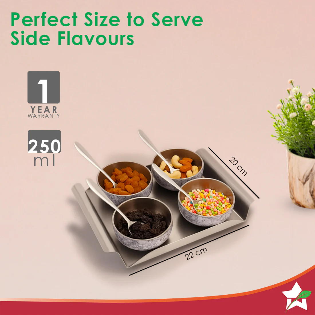 Modena Stainless-steel 9 Pc. Condiment Set, 4 Bowls, 4 Spoons, 1 Tray, Serve Dry Snacks, Chutneys, Dry Fruits, Pickles, Coloured Exterior Design, Perfect Festive Wedding Gift, 1-Yr Warranty - Image 3