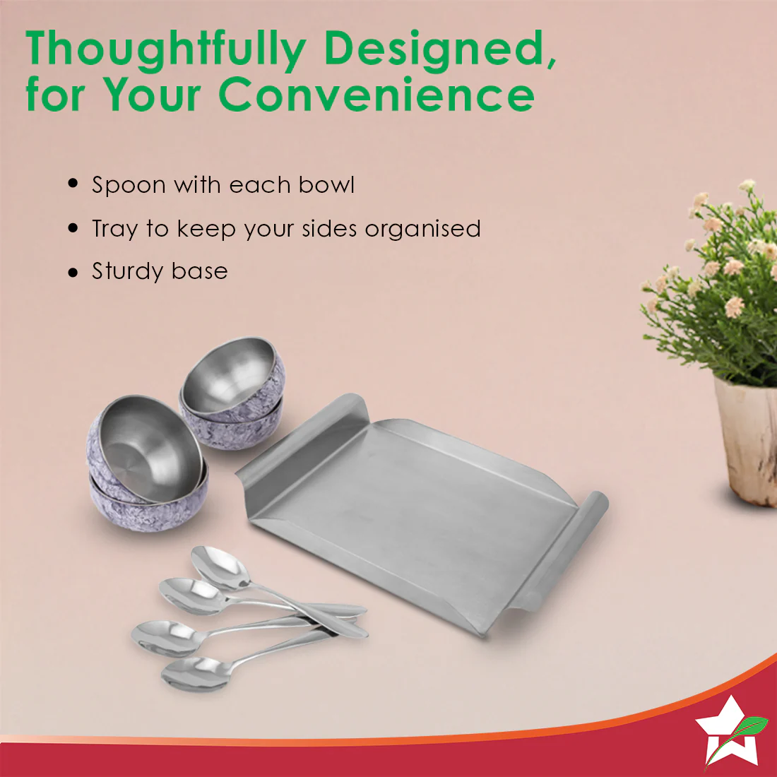 Modena Stainless-steel 9 Pc. Condiment Set, 4 Bowls, 4 Spoons, 1 Tray, Serve Dry Snacks, Chutneys, Dry Fruits, Pickles, Coloured Exterior Design, Perfect Festive Wedding Gift, 1-Yr Warranty - Image 6