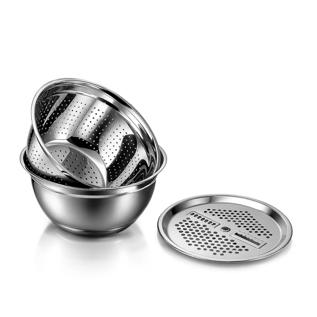 Modena Stainless-steel Bowl with Strainer, Grater | Multi-slot Lid for Fine/Coarse Grating | Food-grade, Non-corrosive, Sturdy | Use to Mix, Grate, Wash, Serve | Anti-skid | 1-year Warranty