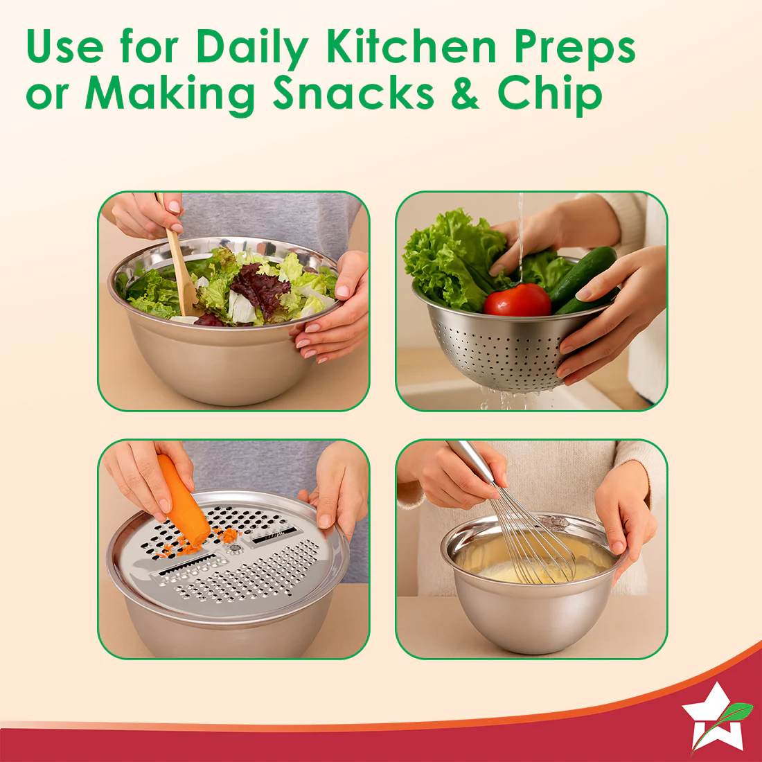Modena Stainless-steel Bowl with Strainer, Grater | Multi-slot Lid for Fine/Coarse Grating | Food-grade, Non-corrosive, Sturdy | Use to Mix, Grate, Wash, Serve | Anti-skid | 1-year Warranty - Image 4