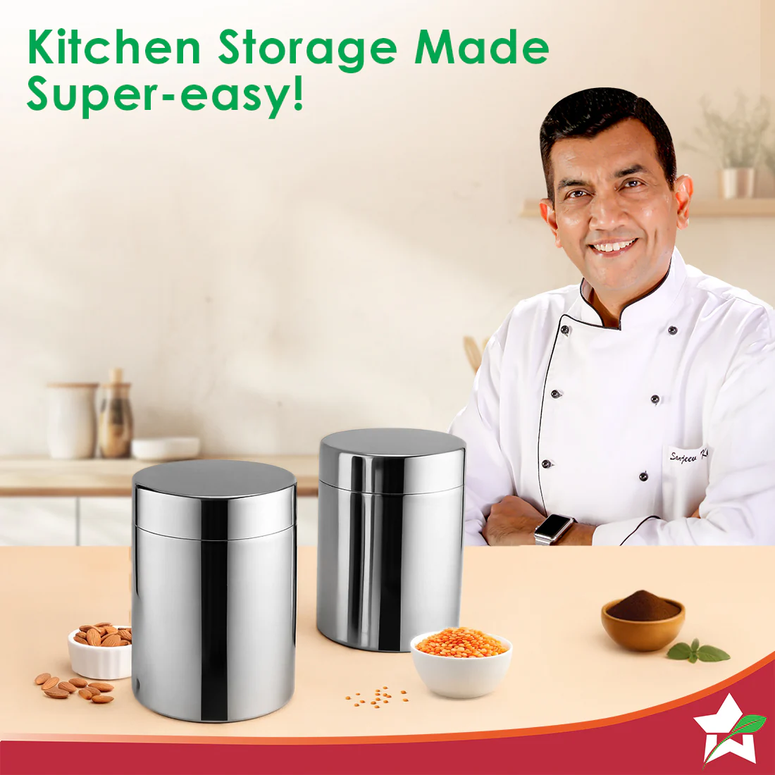 Modena Stainless-steel Kitchen Organiser 2 Pc. Set with Lid for Kitchen/Dining Table, Store Tea Coffee Sugar, Airtight Lid, Moisture-free Food Storage, Wide Mouth, 1-Yr Warranty, Silver - Image 2