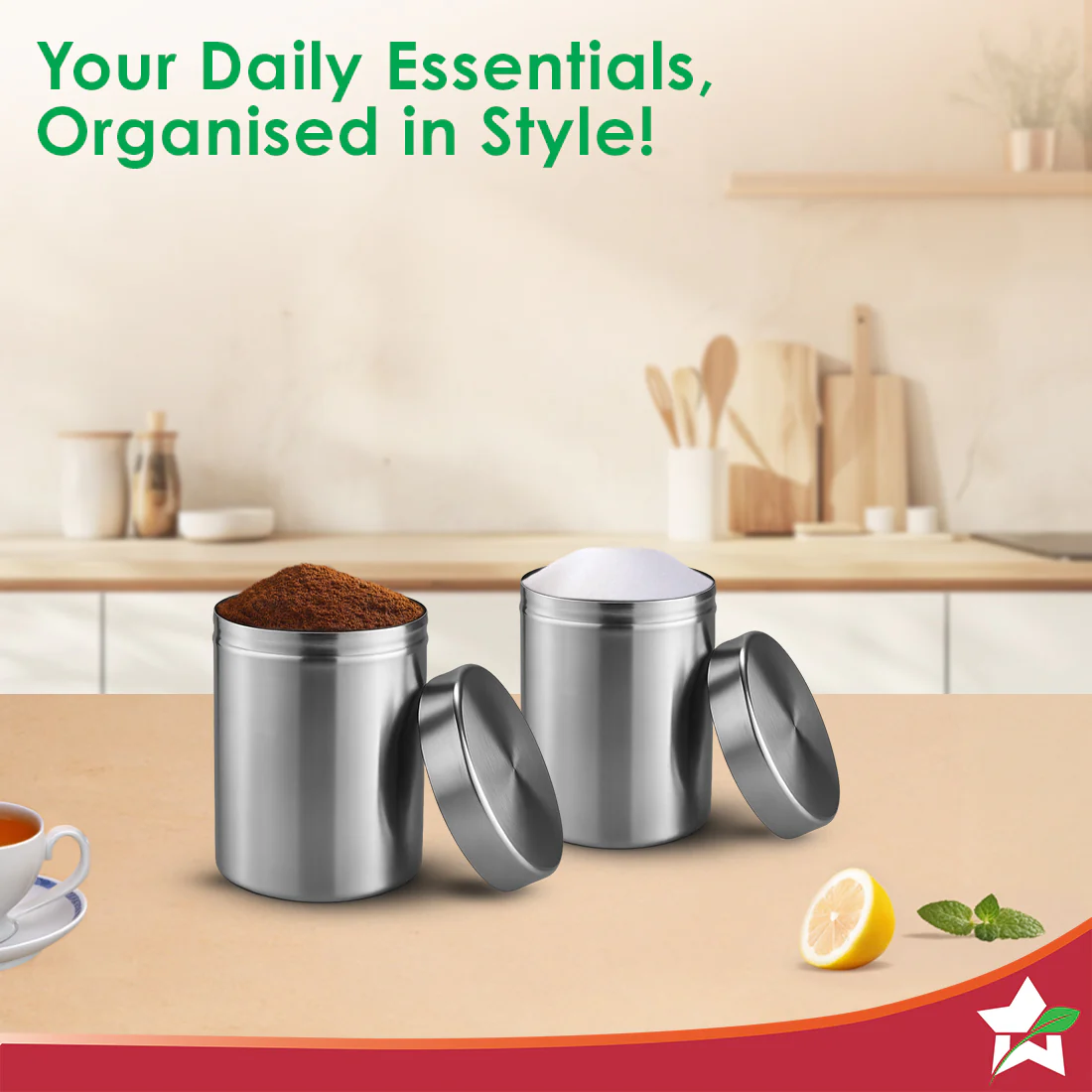 Modena Stainless-steel Kitchen Organiser 2 Pc. Set with Lid for Kitchen/Dining Table, Store Tea Coffee Sugar, Airtight Lid, Moisture-free Food Storage, Wide Mouth, 1-Yr Warranty, Silver - Image 4