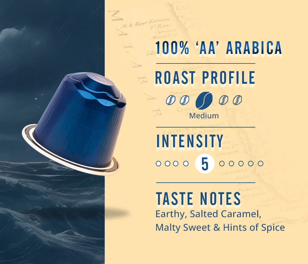 Coffeeza Monsooned Malabar 100% AA Arabica Aluminium Coffee Capsules - Image 2