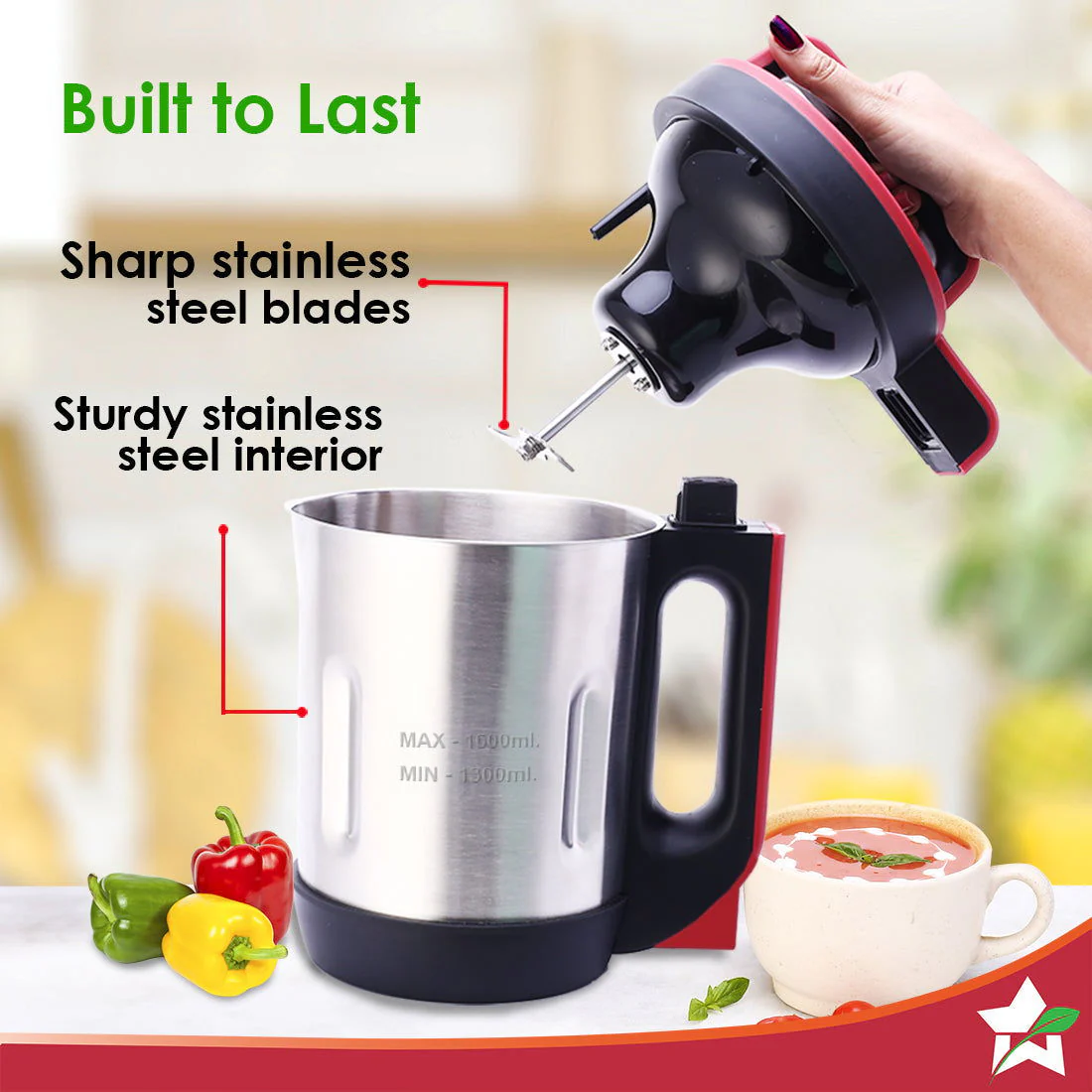 NEO Automatic Soup Maker | 1.6 Litre | 900W Heater | Stainless Steel Blades | Stainless Steel Jug | 5 Pre-Set Functions | Red | Black | Steel | One Touch Operation | Touch Control Panel | 30 Minute Cook Time | 2 Years Warranty - Image 4