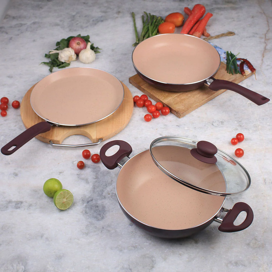 Milano Set Burgundy 24 cm, Wok, Fry Pan, Dosa Tawa, Meta Tuff - non - stick coating, Pure grade Aluminum, - Image 5