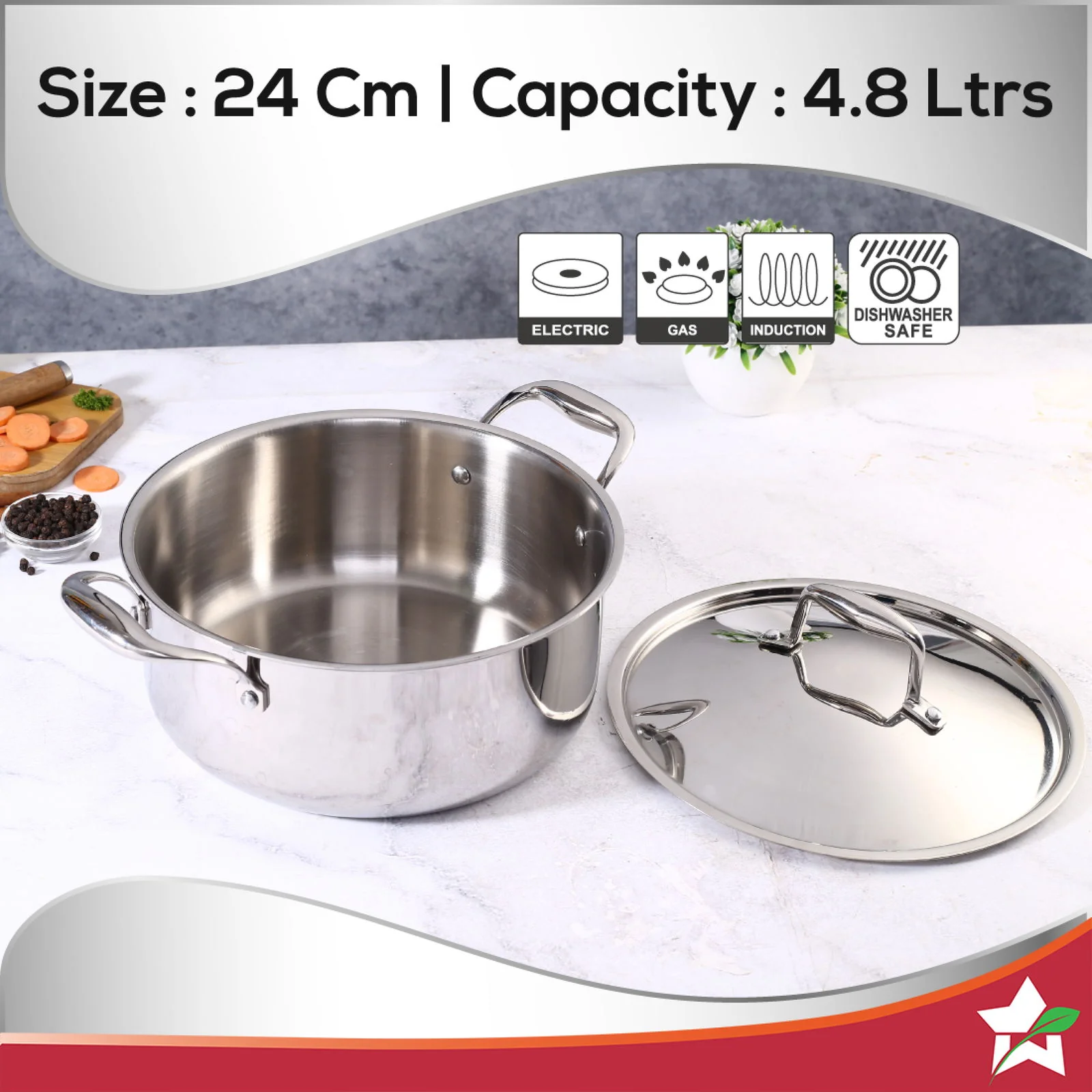 Nigella Tri-ply Stainless Steel 24 cm Casserole | 4.8 Litres | 2.6mm Thickness | Induction base | Compatible with all cooktops | Riveted Cool-Touch Handle | 10 Year Warranty - Image 7