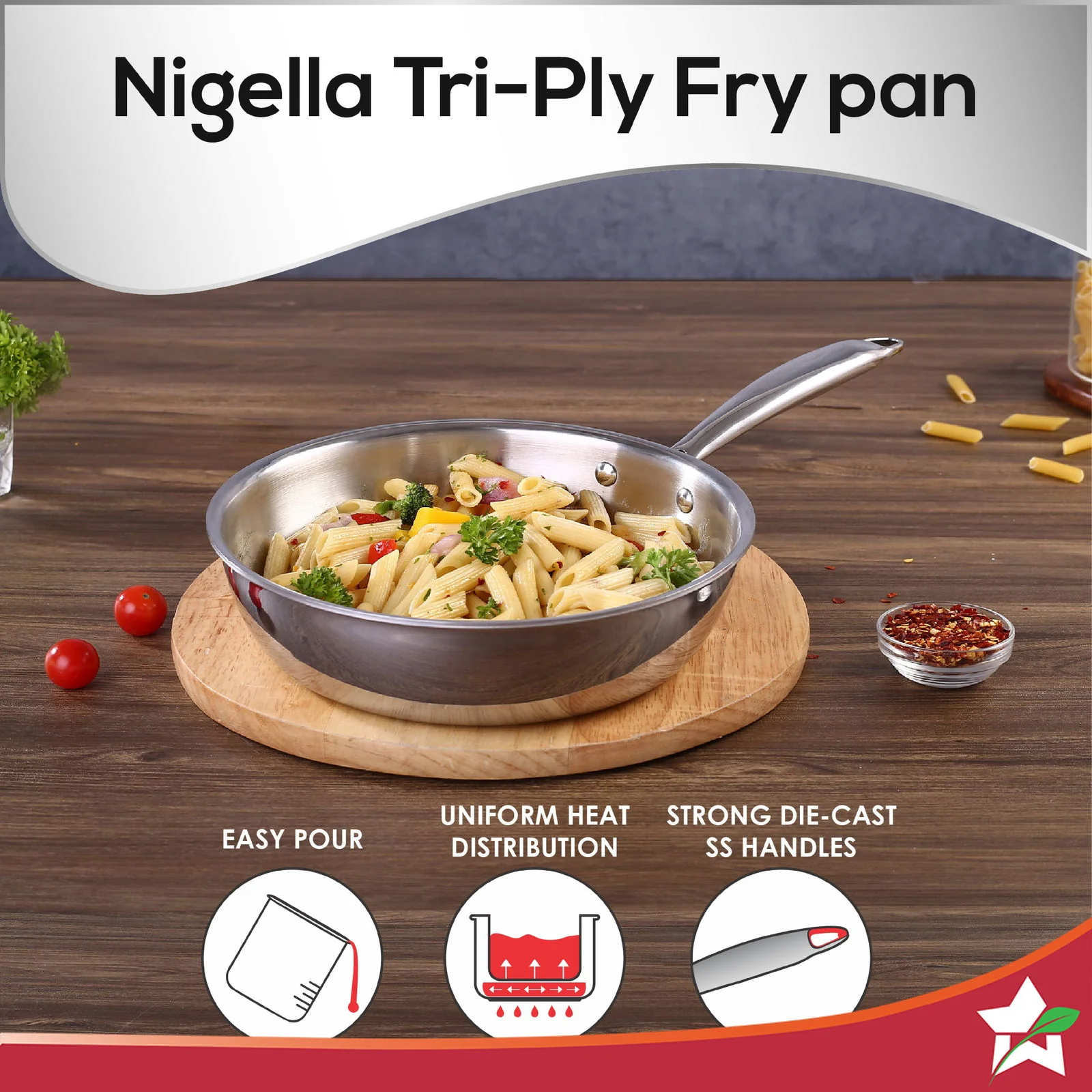 Nigella Tri-ply Stainless Steel 24 cm Fry Pan | 2 Litres | 2.5mm Thickness | With Induction base | Compatible with all cooktops | Riveted Cool-Touch Handle | 10 Year Warranty - Image 6