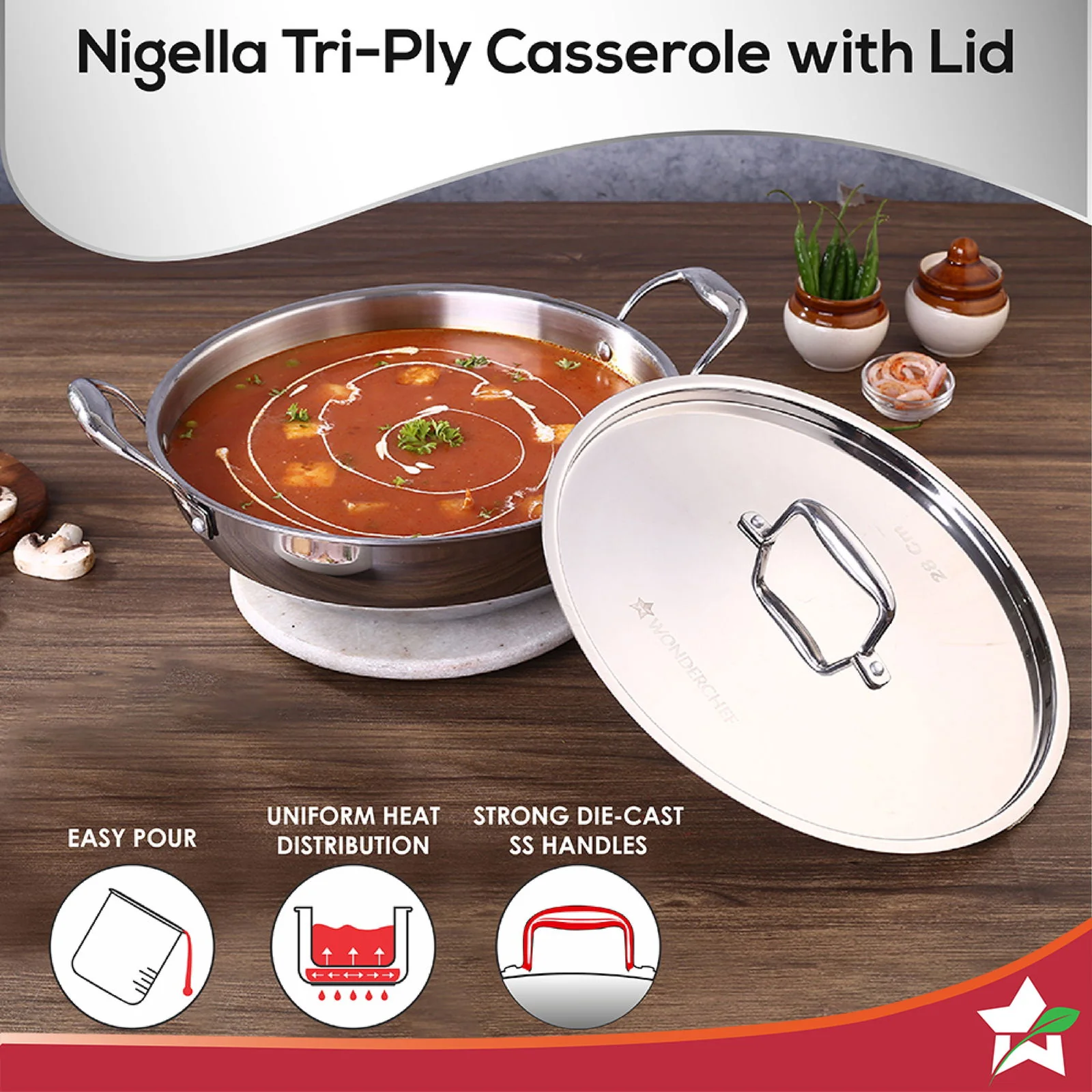 Nigella Tri-ply Stainless Steel 24 cm Kadhai with Lid | 2.2 Litres | 2.6mm Thickness | Kadhai with Induction base | Compatible with all cooktops | Riveted Cool-Touch Handle | 10 Year Warranty - Image 6