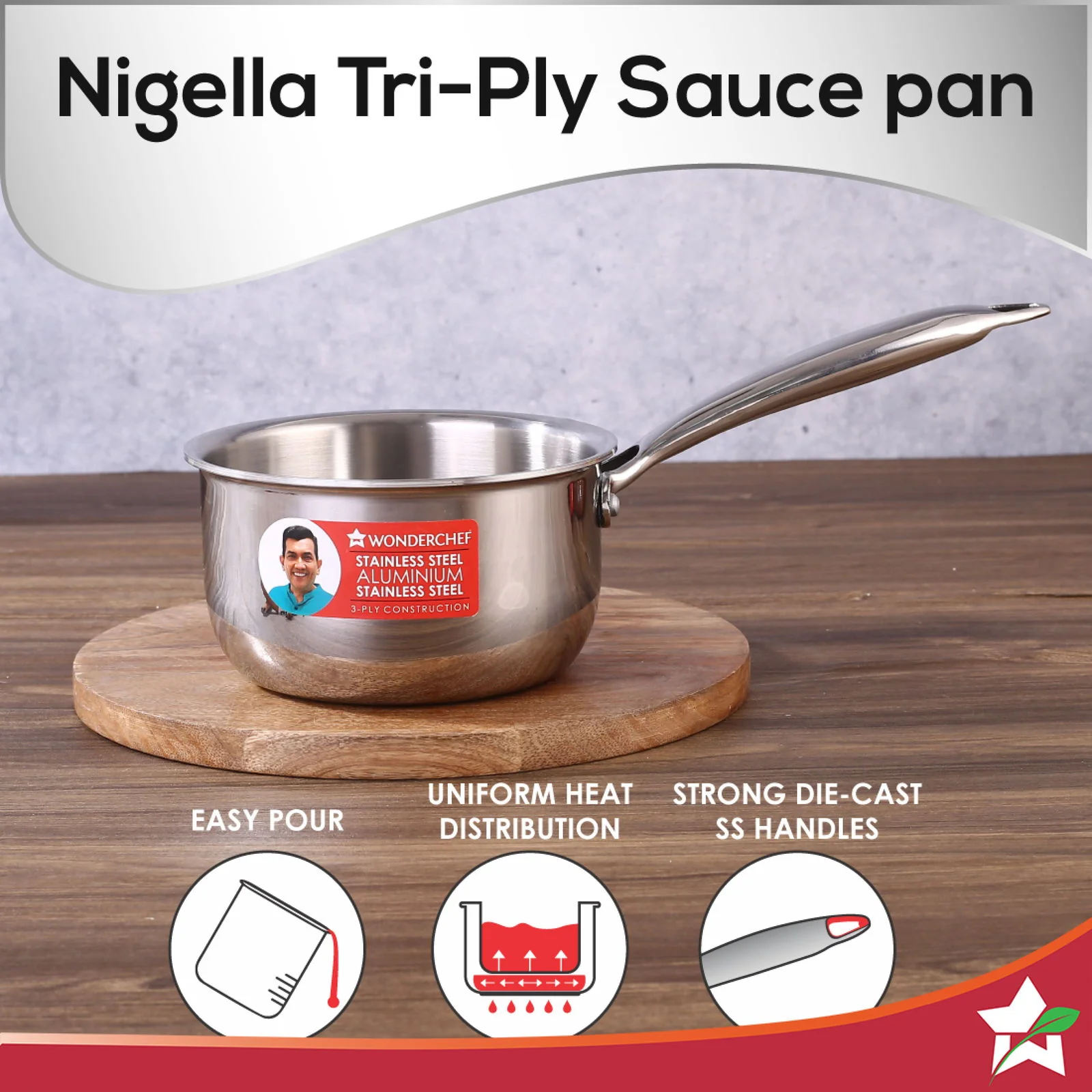 Nigella Tri-ply Stainless Steel 16 cm Sauce Pan | 1.5 Liters | 2.6mm Thickness | Silver - Image 5