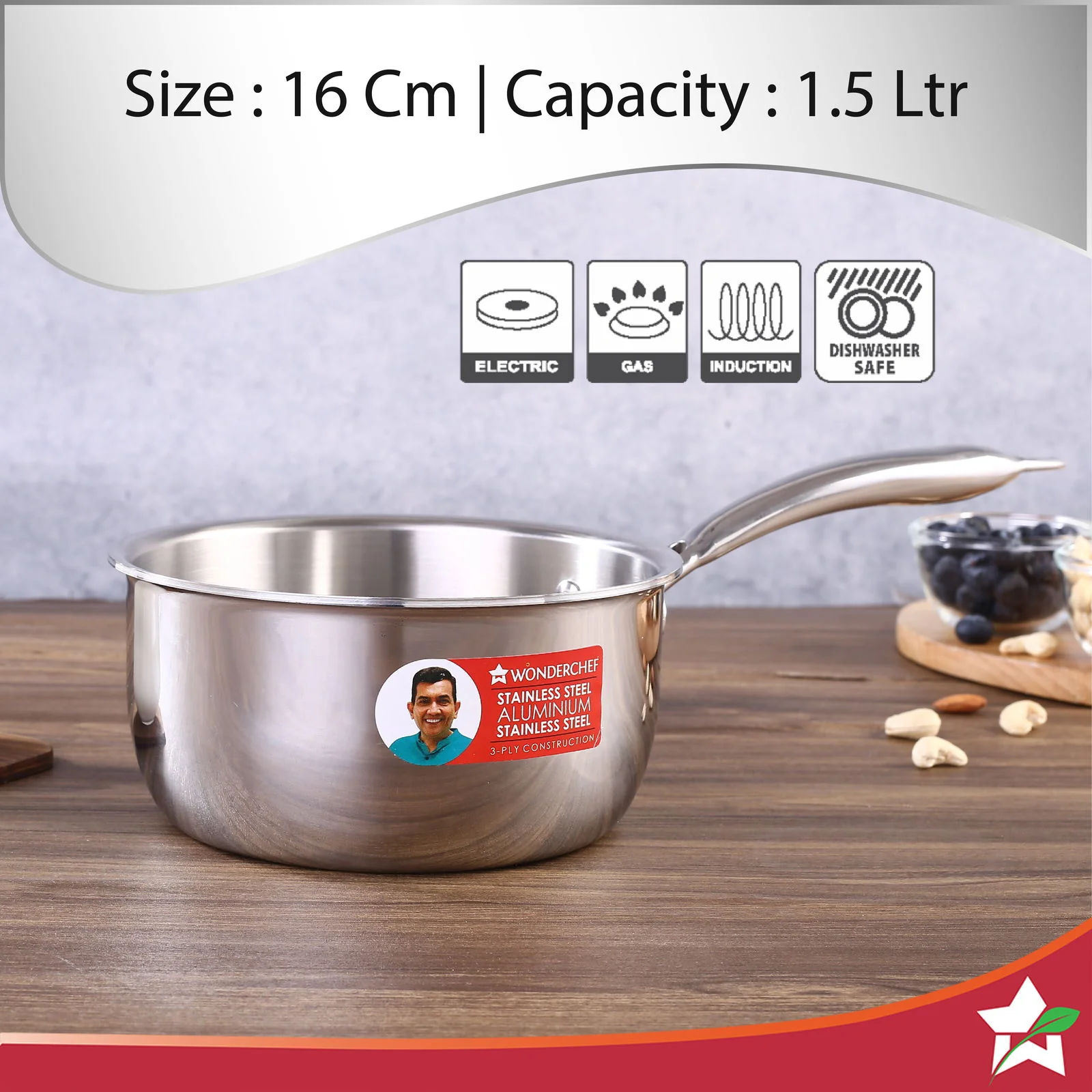 Nigella Tri-ply Stainless Steel 16 cm Sauce Pan | 1.5 Liters | 2.6mm Thickness | Silver - Image 6