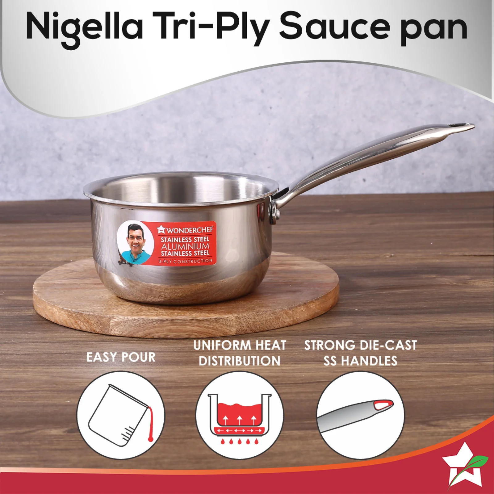 Nigella Tri-Ply 14 cm Sauce Pan | 1.2 Liters | 2.5 mm Thickness | Silver | 10 Years Warranty - Image 5