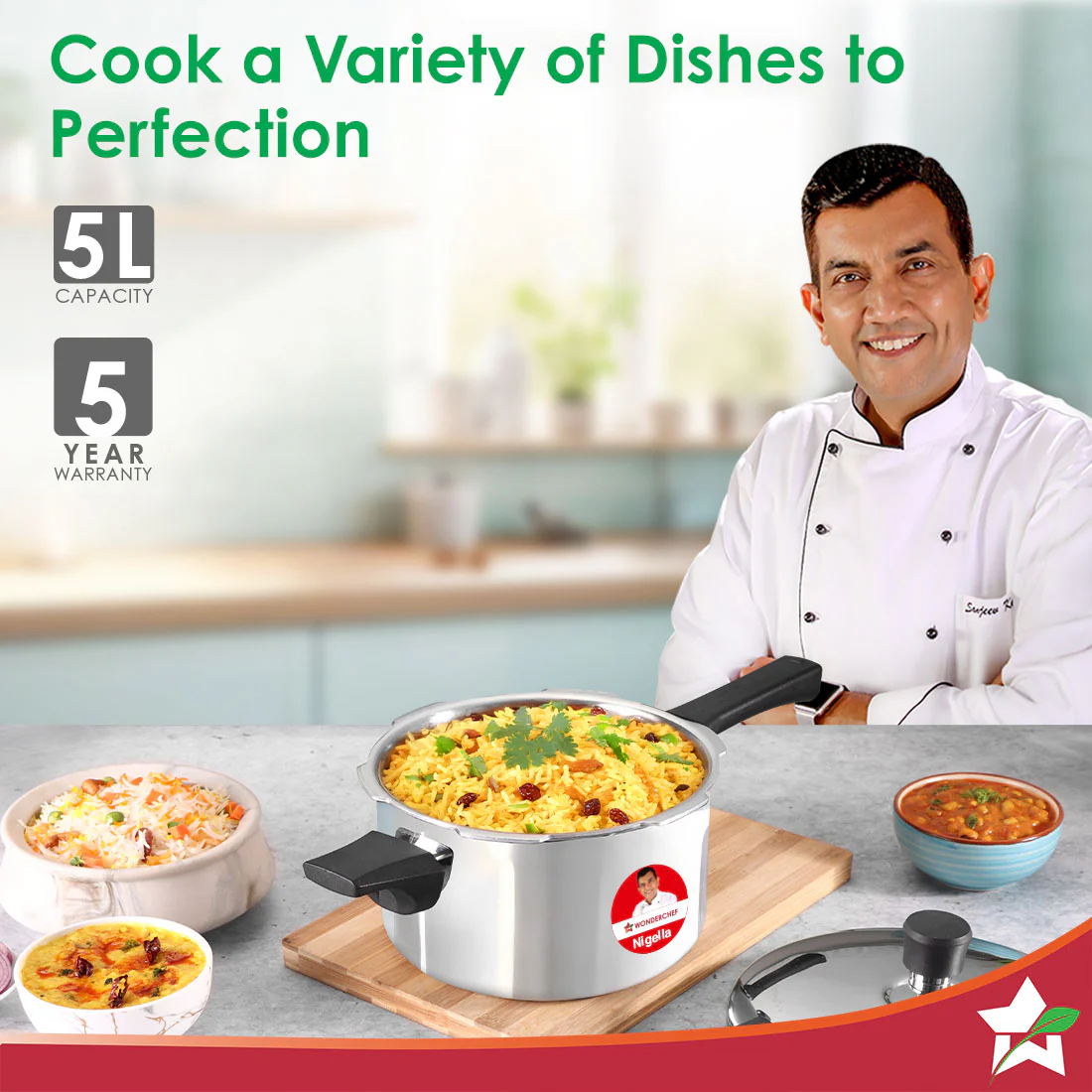 Nigella Triply Stainless Steel Outer Lid Pressure Cooker | 5 Litres | Compatible with Gas Stove, Induction, Ceramic Cooktop | ISI Certified | Uniform Heating | Da Vinci Collection | 5-Year Warranty - Image 2