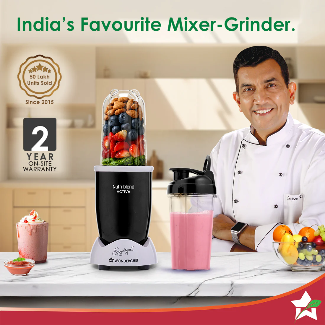 Nutri-blend Activ Mixer Grinder Blender, Smoothie Maker, 500W 22000 RPM 100% Full Copper Motor, 2 Unbreakable BPA Free Jars, SS Blades, 2 Year Warranty, Recipe book by Chef Sanjeev Kapoor, Black - Image 2