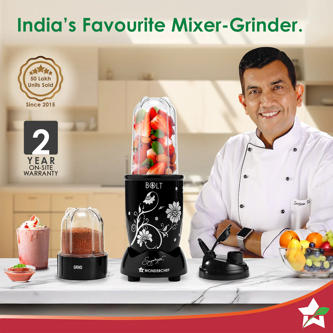 Nutri-blend BOLT Mixer, Grinder, Blender & Smoothie Maker | 600W 22000 RPM 100% Full Copper Motor | Stainless steel Blades | 2 unbreakable jars with Sipper lid | 2 Year warranty | Recipe book by Chef Sanjeev Kapoor | Black - Image 2