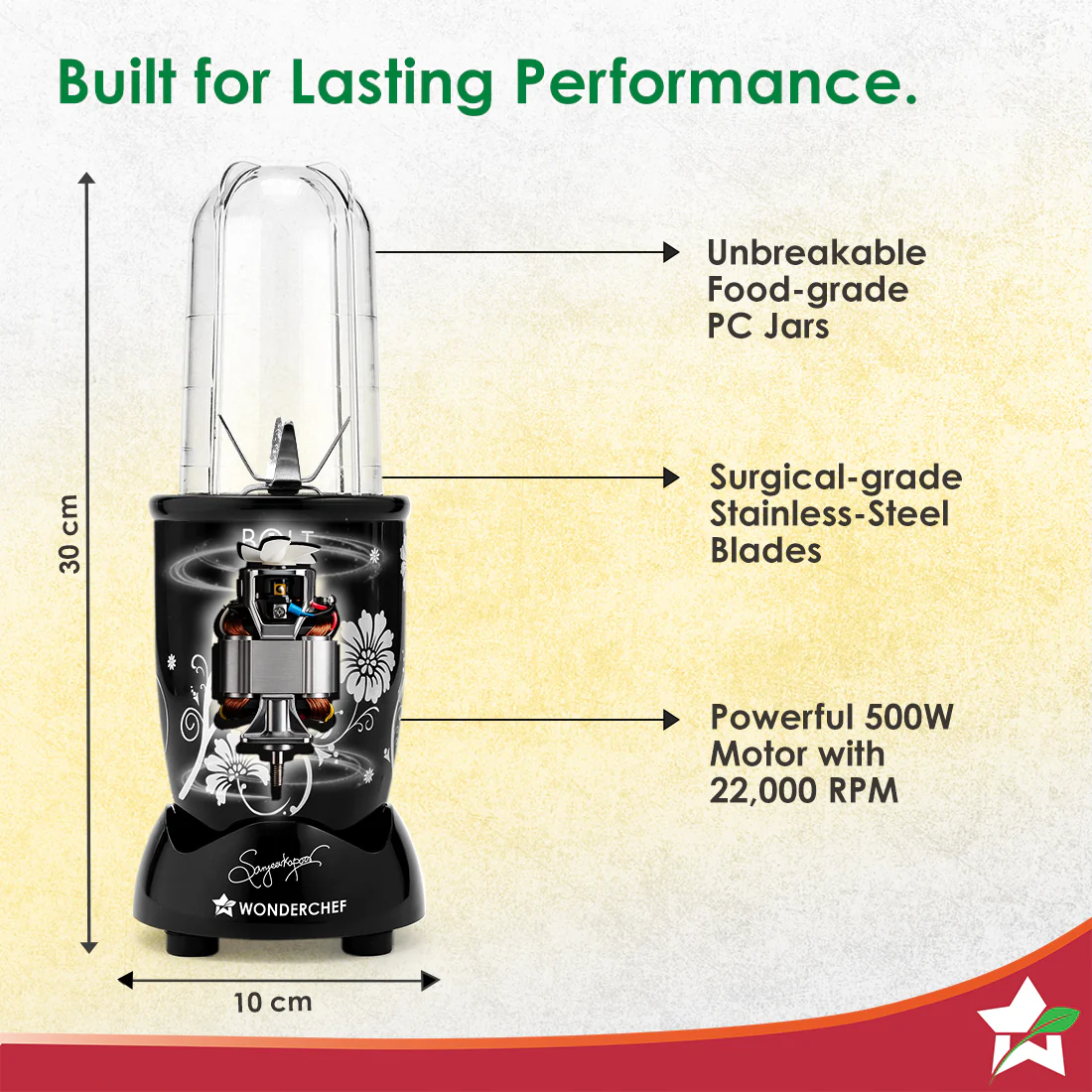 Nutri-blend BOLT Mixer, Grinder, Blender & Smoothie Maker | 600W 22000 RPM 100% Full Copper Motor | Stainless steel Blades | 2 unbreakable jars with Sipper lid | 2 Year warranty | Recipe book by Chef Sanjeev Kapoor | Black - Image 4