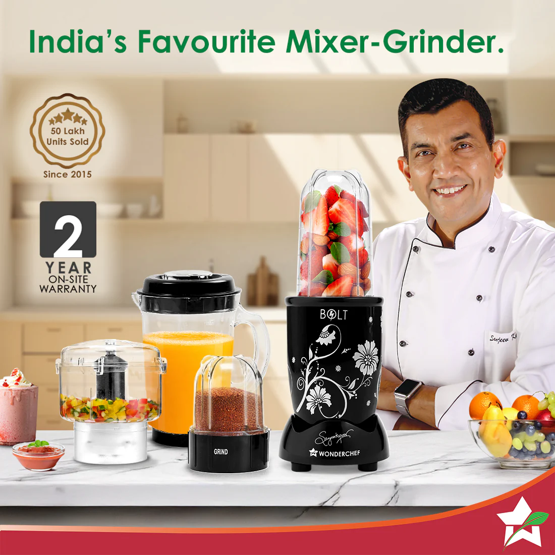 Nutri-blend BOLT-600W CKM Mixer with Chopper, Stronger & Swifter with Sipper Lid, 22000RPM 100% Full Copper Motor, 4 Unbreakable Jars, Sharper Steel Blades, Recipe Book by Chef Sanjeev Kapoor - Image 2