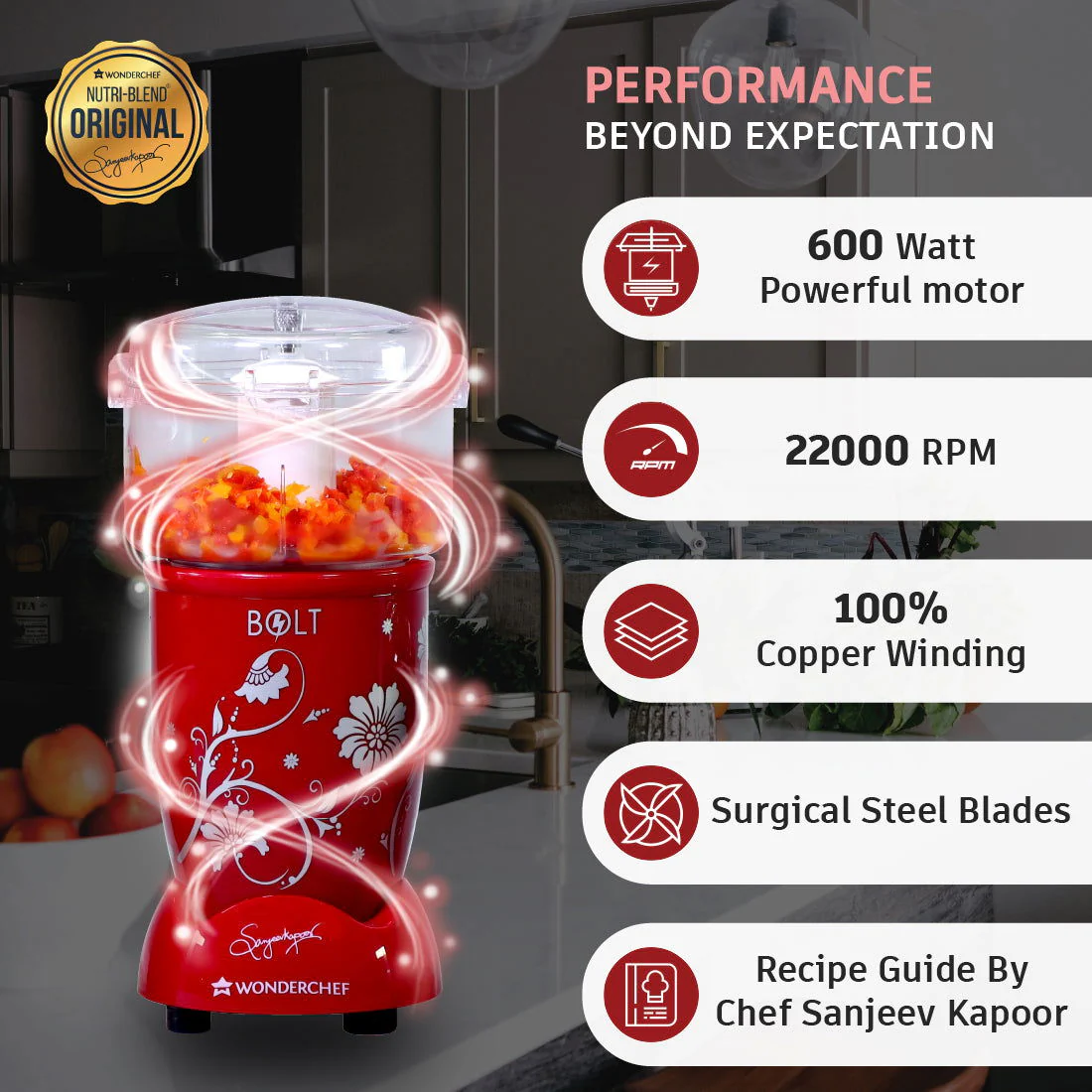 Nutri-blend BOLT-600W CKM Mixer with Chopper, Stronger & Swifter with Sipper Lid, 22000RPM 100% Full Copper Motor, 4 Unbreakable Jars, Sharper Steel Blades, Recipe Book by Chef Sanjeev Kapoor - Image 4