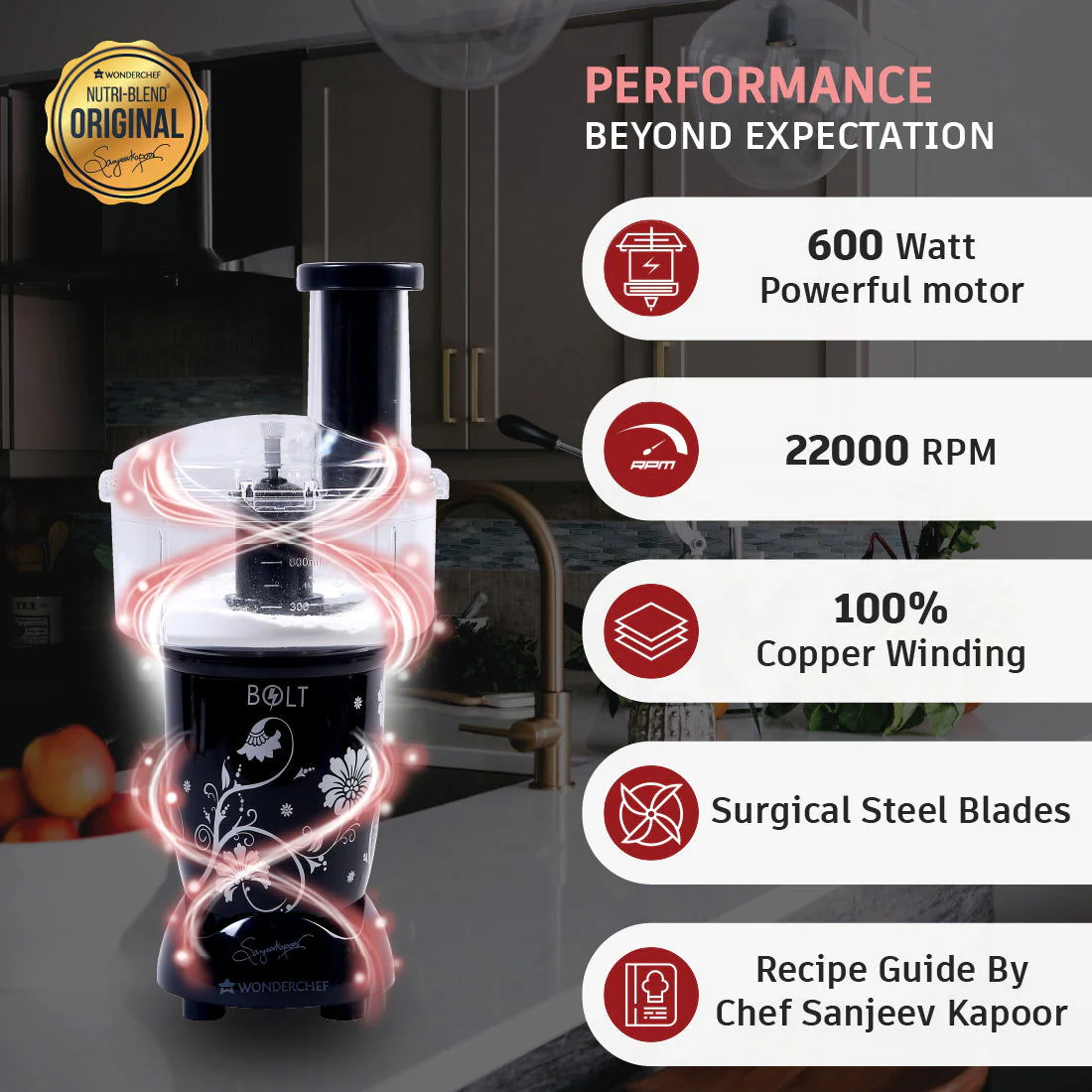Nutri-blend BOLT-600W Mixer With Food Processor & Atta Kneader, Stronger & Swifter With Sipper Lid, 22000RPM 100% Full Copper Motor, 4 Unbreakable Jars, Sharper Steel Blades, 2 Yrs Warranty, Black, Recipe Book By Chef Sanjeev Kapoor - Image 4