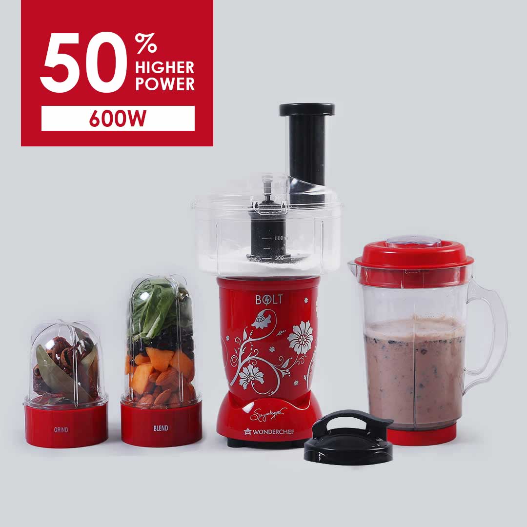 Nutri-blend BOLT-600W Mixer With Food Processor & Atta Kneader, Stronger & Swifter With Sipper Lid, 22000RPM 100% Full Copper Motor, 4 Unbreakable Jars, Sharper Steel Blades, 2 Yrs Warranty, Red, Recipe Book By Chef Sanjeev Kapoor - Image 2