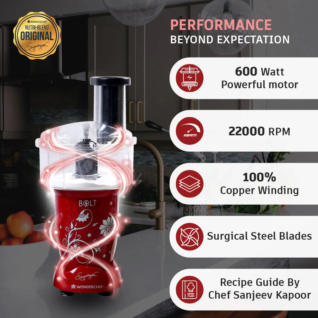 Nutri-blend BOLT-600W Mixer With Food Processor & Atta Kneader, Stronger & Swifter With Sipper Lid, 22000RPM 100% Full Copper Motor, 4 Unbreakable Jars, Sharper Steel Blades, 2 Yrs Warranty, Red, Recipe Book By Chef Sanjeev Kapoor - Image 3