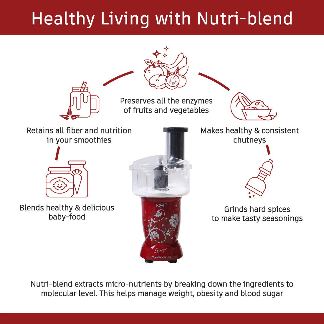 Nutri-blend BOLT-600W Mixer With Food Processor & Atta Kneader, Stronger & Swifter With Sipper Lid, 22000RPM 100% Full Copper Motor, 4 Unbreakable Jars, Sharper Steel Blades, 2 Yrs Warranty, Red, Recipe Book By Chef Sanjeev Kapoor - Image 4