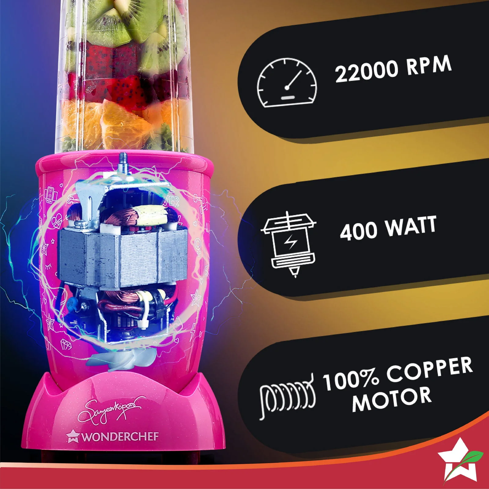Nutri-blend GO, 22000 RPM 100% Full Copper Motor, 1 Unbreakable Jar, 400 W, 2 Years Warranty, Recipe book by Chef Sanjeev Kapoor, Pink - Image 3