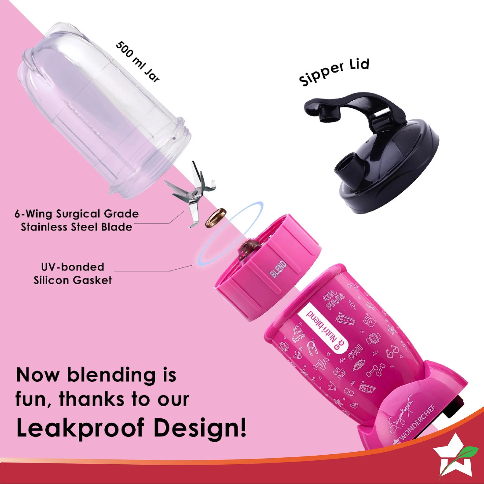 Nutri-blend GO, 22000 RPM 100% Full Copper Motor, 1 Unbreakable Jar, 400 W, 2 Years Warranty, Recipe book by Chef Sanjeev Kapoor, Pink - Image 6