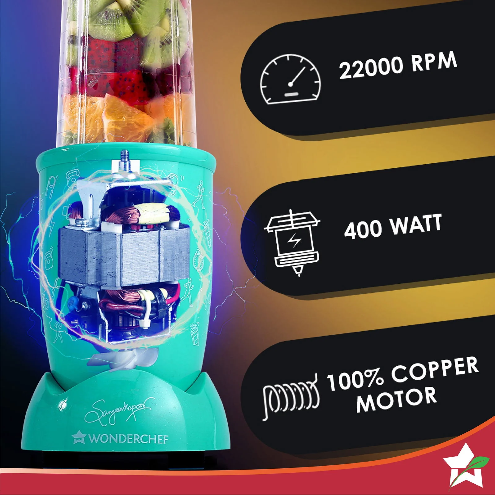 Nutri-blend GO, 22000 RPM 100% Full Copper Motor, 1 Unbreakable Jar, 400 W, 2 Years Warranty, Recipe book by Chef Sanjeev Kapoor, Mint - Image 3