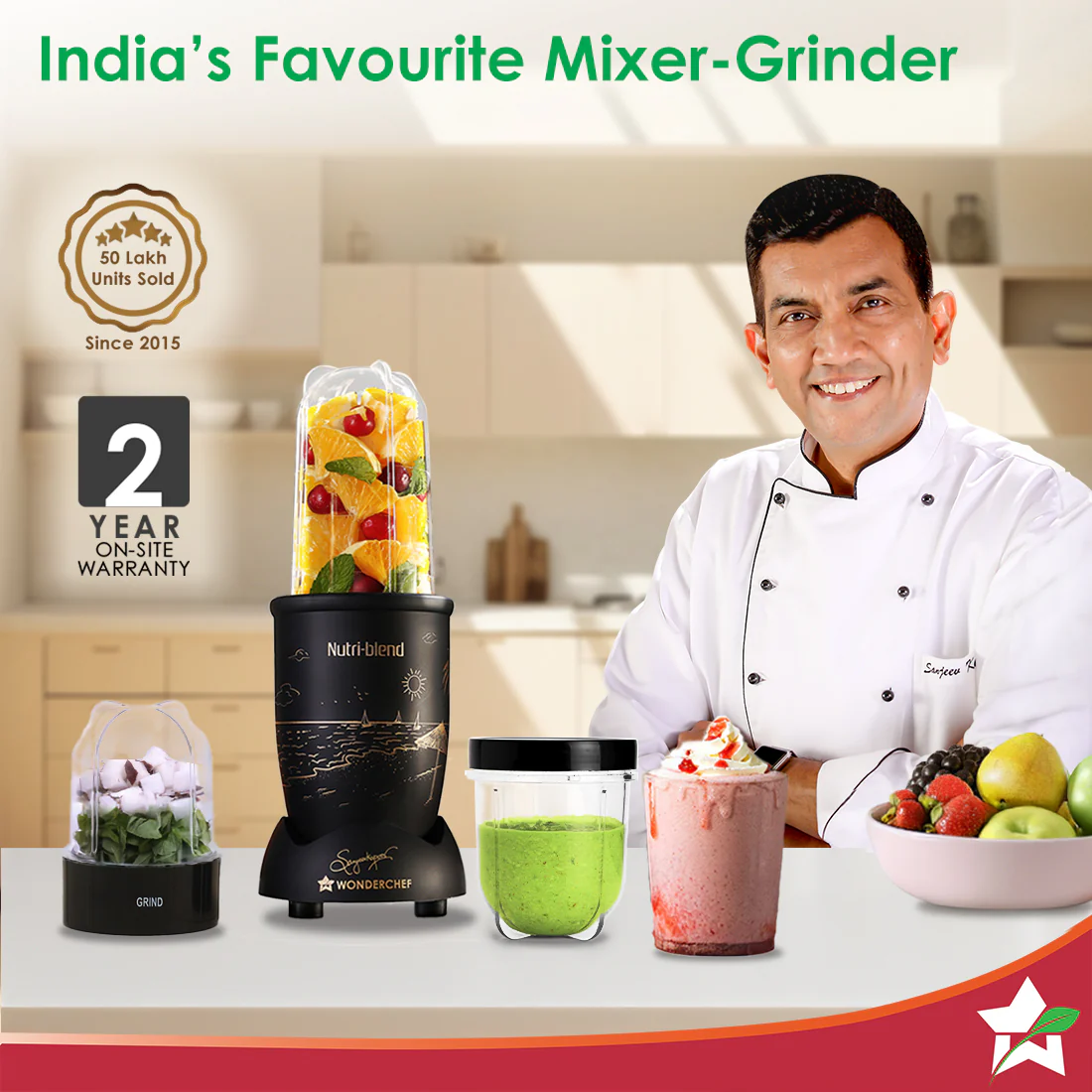 Nutri-blend Mist 500W Mixer Grinder, 22000 RPM, Smoothie Maker-Masala Grinder-Chutney Blender, 3 Unbreakable Jars, Limited Edition, Recipe Book by Chef Sanjeev Kapoor, 2 Yr Warranty, Black - Image 2