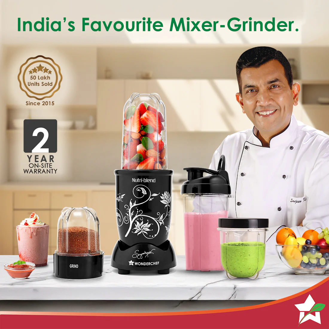 Nutri-blend 500W Mixer Grinder, 22000 RPM Motor, Smoothie Maker, Masala Grinder, Chutney Blender, 3 Unbreakable Jars & Sipper Jar, Recipe Book by Chef Sanjeev Kapoor, 2 Yr Warranty, Black - Image 2